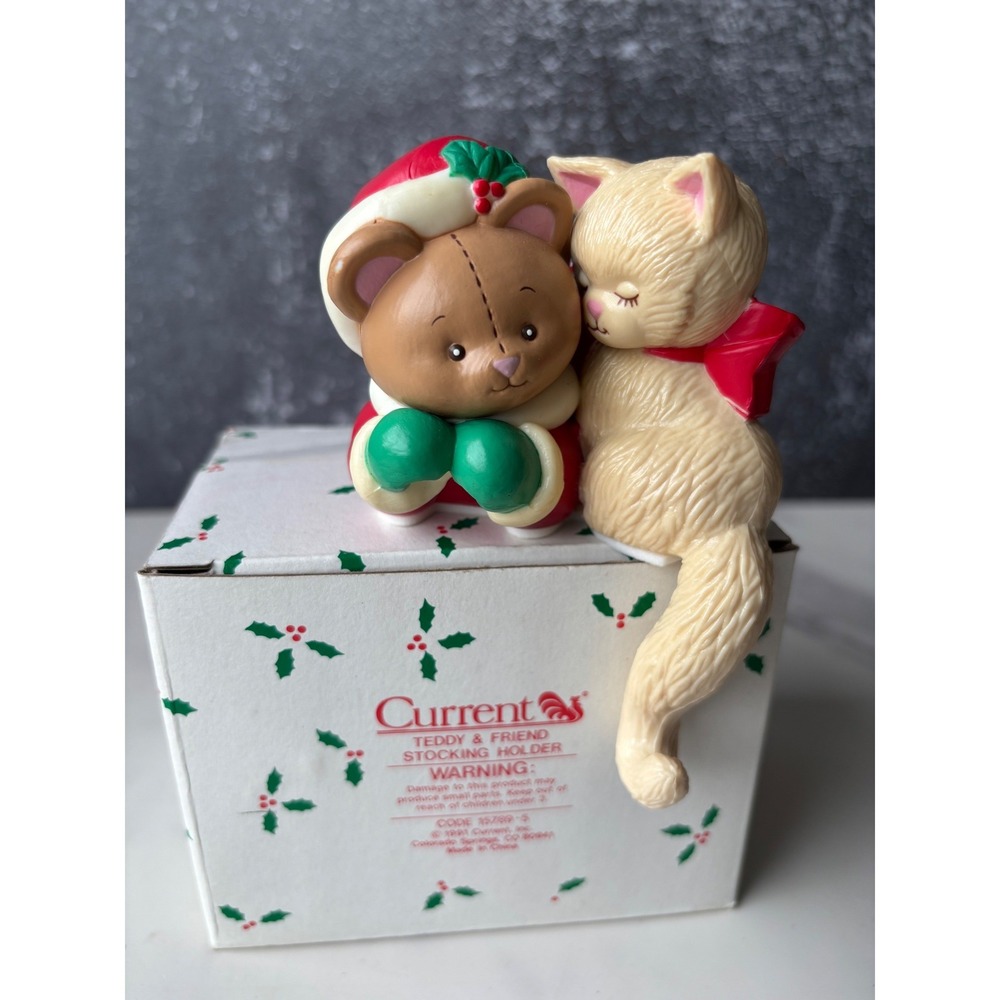 Vintage Current Teddy & Friend Stocking Holder Christmas Bear Cat 1991 15789-9